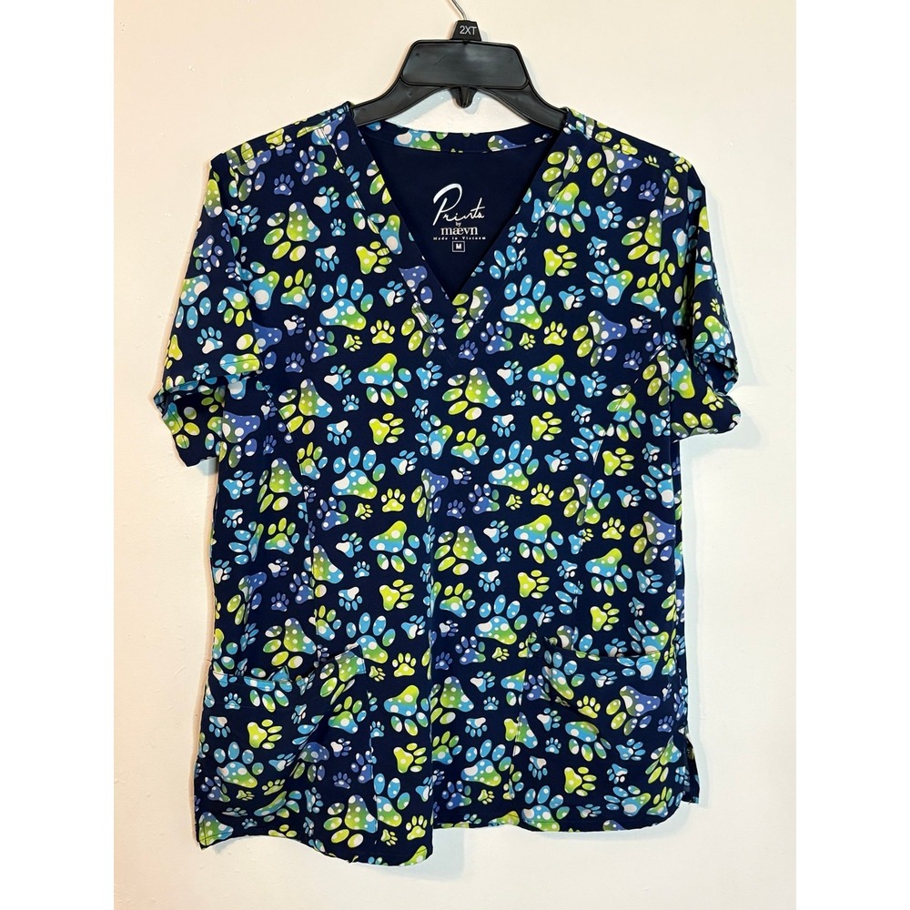 Maevn Prints Scrub Top Women's Medium Navy Blue Paw Print V-Neck Short Sleeve